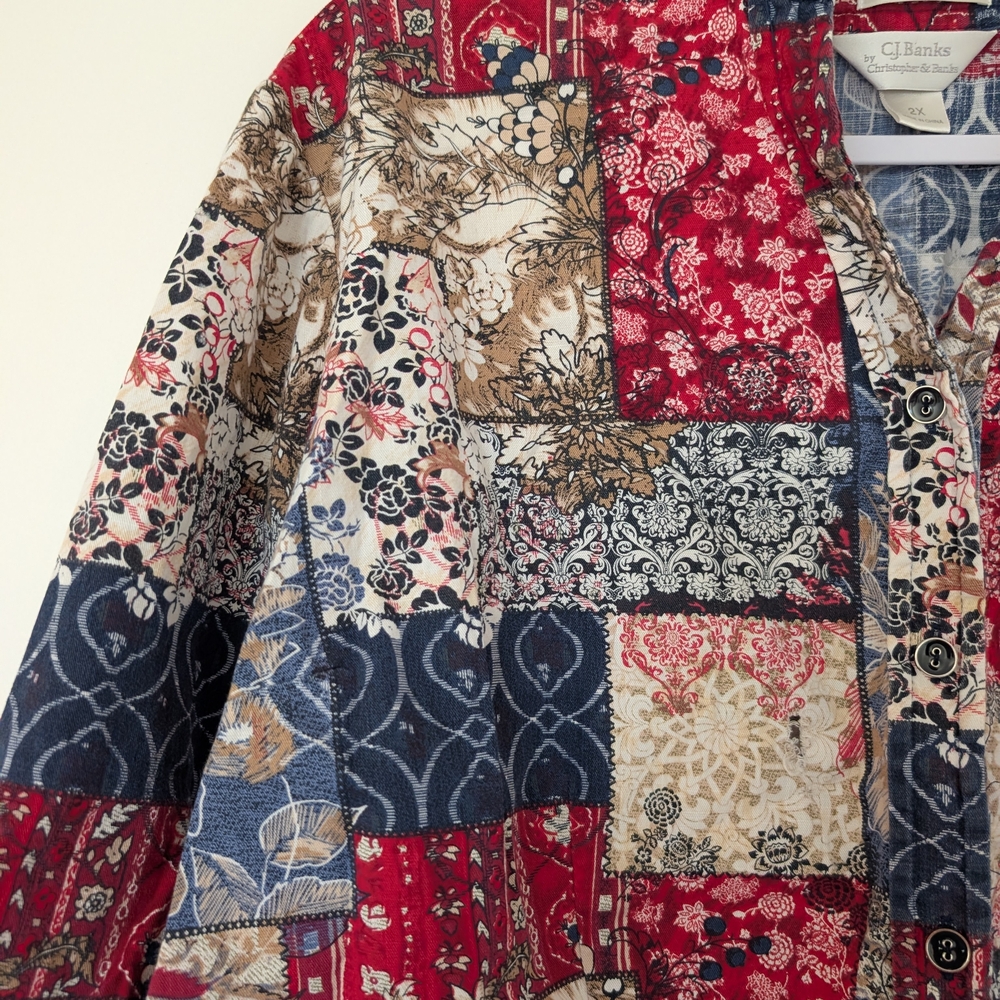 Multicolor Patchwork Button-Up Blouse Size 2x - image 3